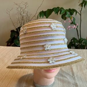 Metallic Gold and White Striped Hat With White Sequined Beaded Floral Accent